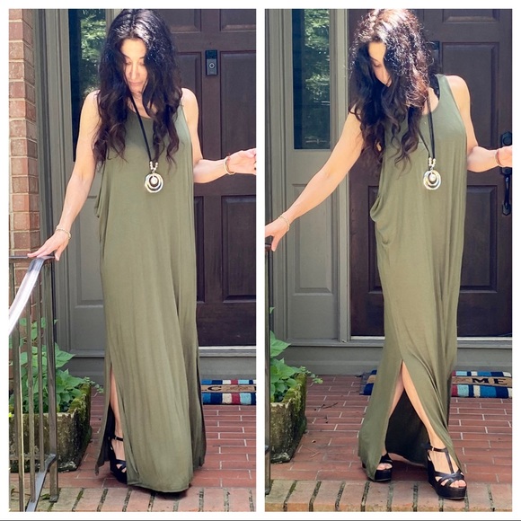 OLIVE GREEN SIDE SLITS TANK MAXI DRESS - Picture 4 of 15